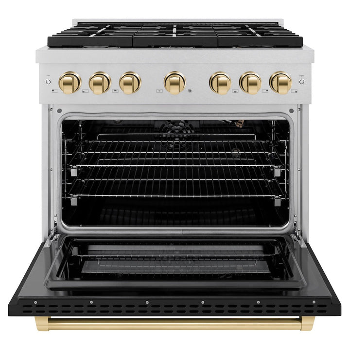 ZLINE Autograph Edition 36 in. 5.2 cu. ft. Paramount Gas Range with 6 Burner Cooktop and Convection Gas Oven in Satin Stainless Steel with Black Matte Door and Polished Gold Accents (SGRSZ-BLM-36-G)