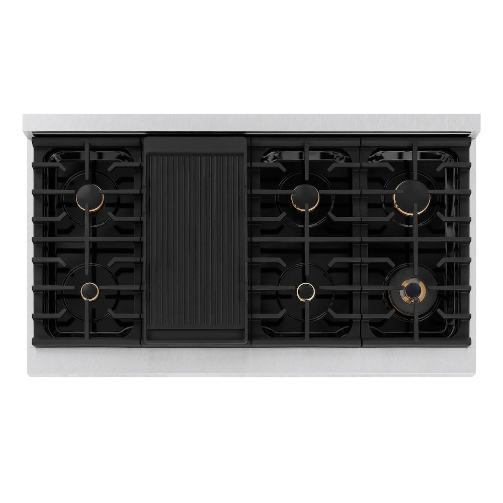 ZLINE Autograph Edition 48 in. 6.7 cu. ft. Paramount Double Oven Gas Range with 8 Burner Cooktop in Satin Stainless Steel with Black Matte Doors and Champagne Bronze Accents (SGRSZ-BLM-48-CB)