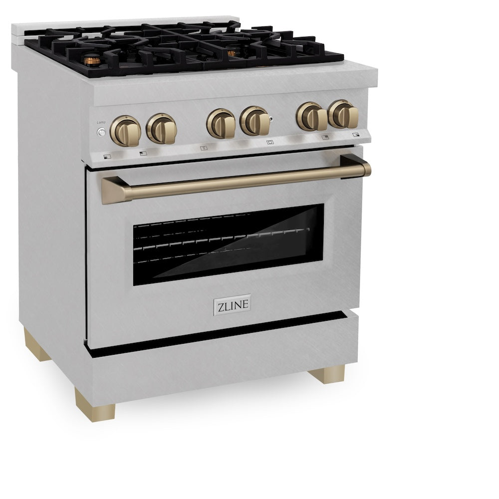ZLINE Autograph Edition 30 in. 4.0 cu. ft. Legacy Dual Fuel Range with 4 Burner Gas Cooktop and Electric Convection Oven in Satin Stainless Steel and Champagne Bronze Accents (RASZ-SN-30-CB)
