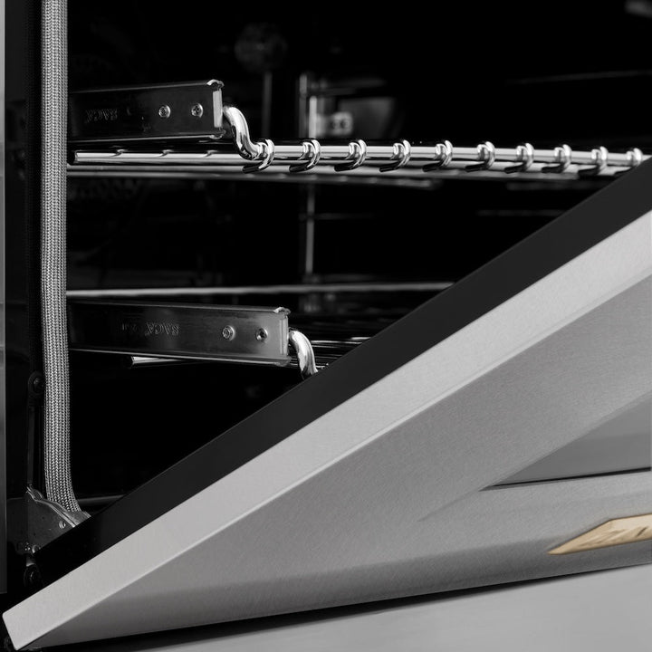 ZLINE Autograph Edition 30 in. 4.0 cu. ft. Legacy Dual Fuel Range with 4 Burner Gas Cooktop and Electric Convection Oven in Satin Stainless Steel and Polished Gold Accents (RASZ-SN-30-G)