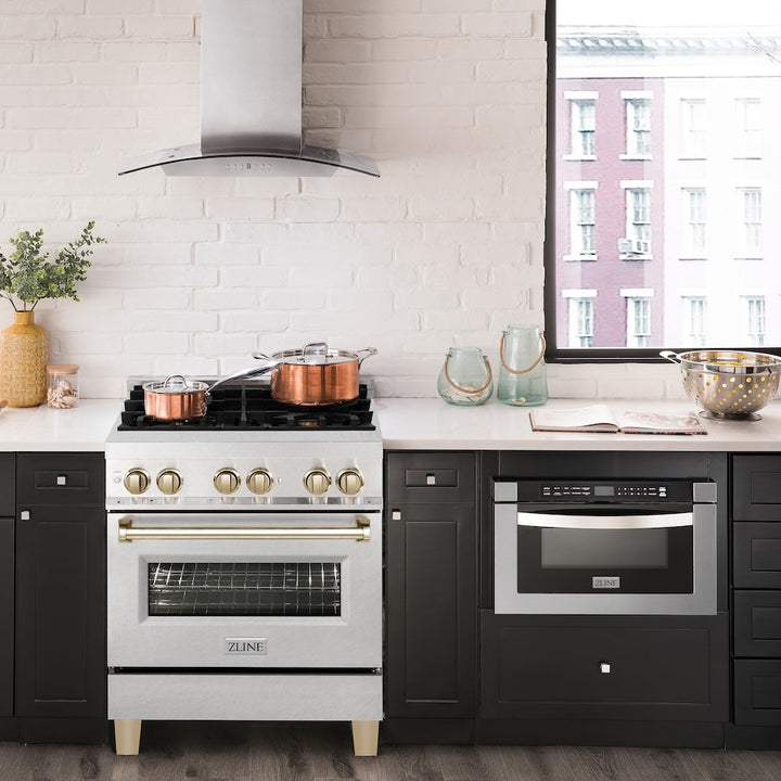 ZLINE Autograph Edition 30 in. 4.0 cu. ft. Legacy Dual Fuel Range with 4 Burner Gas Cooktop and Electric Convection Oven in Satin Stainless Steel and Polished Gold Accents (RASZ-SN-30-G)