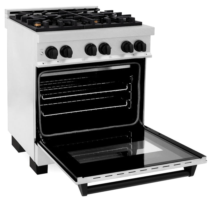 ZLINE Autograph Edition 30 in. 4.0 cu. ft. Legacy Dual Fuel Range with 4 Burner Gas Cooktop and Electric Convection Oven in Satin Stainless Steel and Matte Black Accents (RASZ-SN-30-MB)