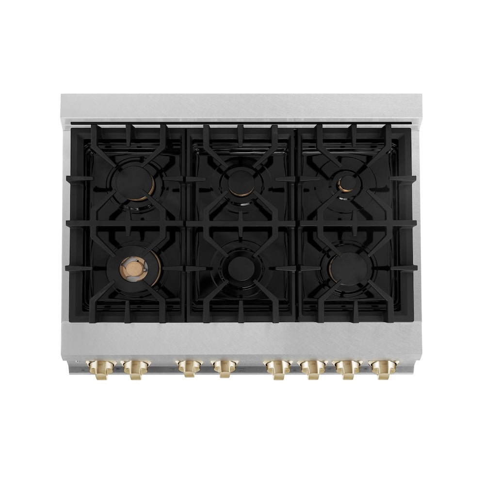 ZLINE Autograph Edition 36 in. 4.6 cu. ft. Legacy Dual Fuel Range with 6 Burner Gas Cooktop and Electric Convection Oven in Satin Stainless Steel and Polished Gold Accents (RASZ-SN-36-G)