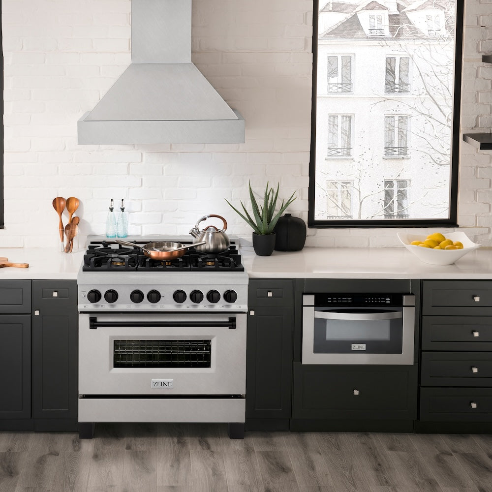 ZLINE Autograph Edition 36 in. 4.6 cu. ft. Legacy Dual Fuel Range with 6 Burner Gas Cooktop and Electric Convection Oven in Satin Stainless Steel and Matte Black Accents (RASZ-SN-36-MB)