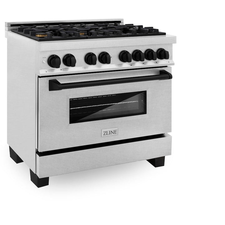 ZLINE Autograph Edition 36 in. 4.6 cu. ft. Legacy Dual Fuel Range with 6 Burner Gas Cooktop and Electric Convection Oven in Satin Stainless Steel and Matte Black Accents (RASZ-SN-36-MB)