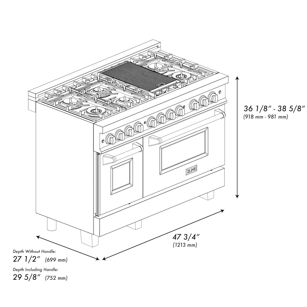 ZLINE Autograph Edition 48 in. 6.0 cu. ft. Legacy Dual Fuel Range with 7 Burner Gas Cooktop and 2 Electric Ovens in Satin Stainless Steel and Polished Gold Accents (RASZ-SN-48-G)