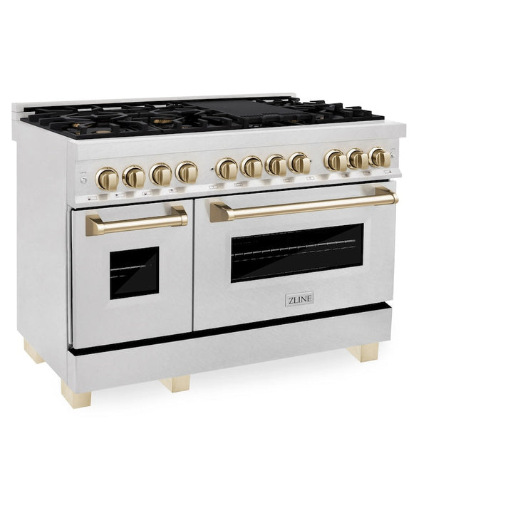 ZLINE Autograph Edition 48 in. 6.0 cu. ft. Legacy Dual Fuel Range with 7 Burner Gas Cooktop and 2 Electric Ovens in Satin Stainless Steel and Polished Gold Accents (RASZ-SN-48-G)