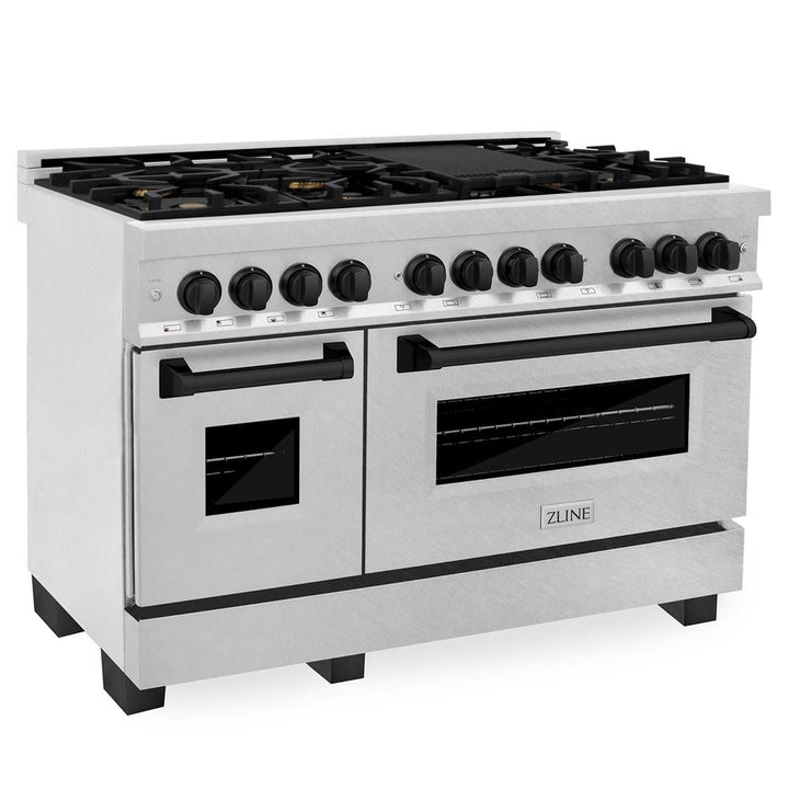 ZLINE Autograph Edition 48 in. 6.0 cu. ft. Legacy Dual Fuel Range with 7 Burner Gas Cooktop and 2 Electric Ovens in Satin Stainless Steel and Matte Black Accents (RASZ-SN-48-MB)