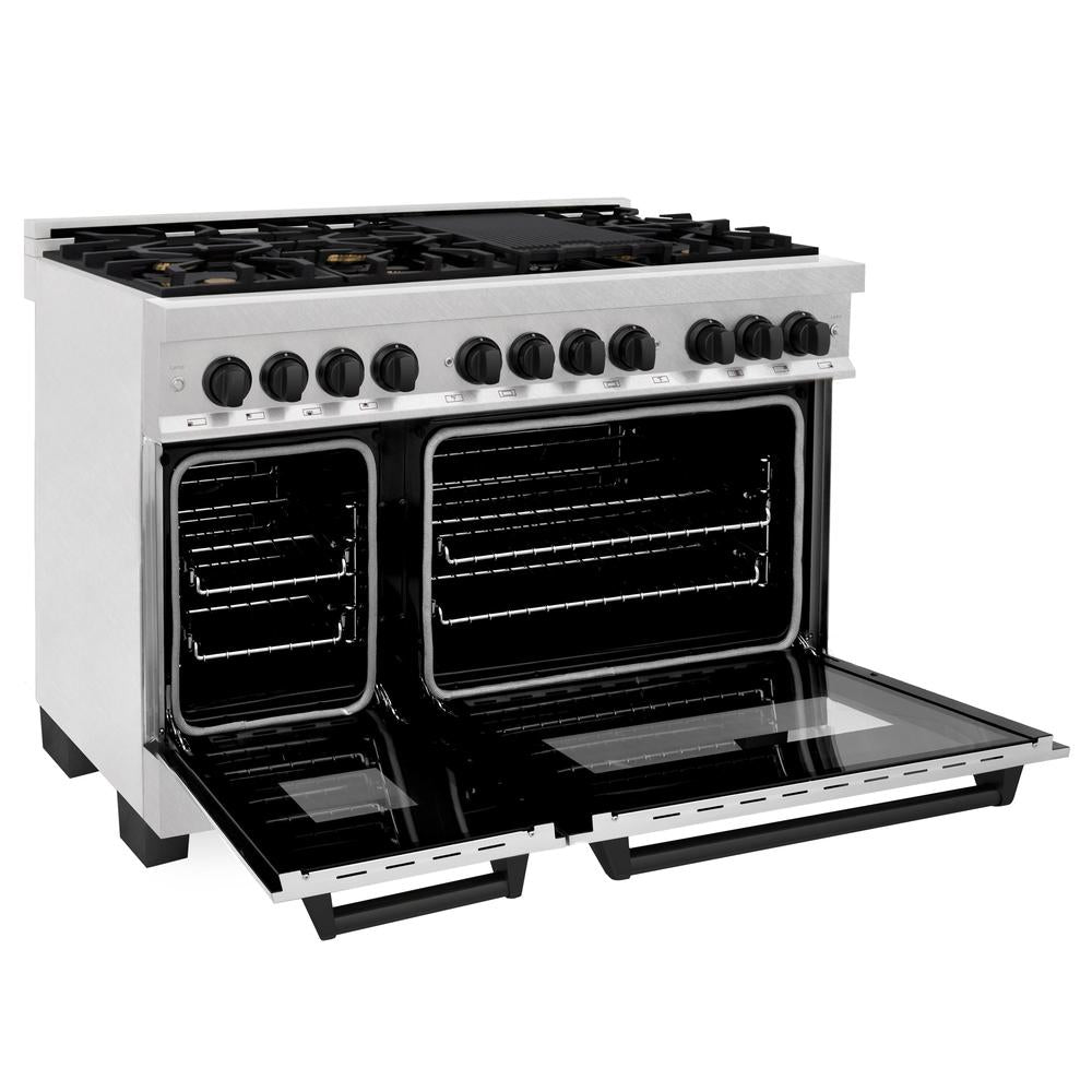 ZLINE Autograph Edition 48 in. 6.0 cu. ft. Legacy Dual Fuel Range with 7 Burner Gas Cooktop and 2 Electric Ovens in Satin Stainless Steel and Matte Black Accents (RASZ-SN-48-MB)