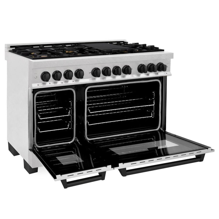 ZLINE Autograph Edition 48 in. 6.0 cu. ft. Legacy Dual Fuel Range with 7 Burner Gas Cooktop and 2 Electric Ovens in Satin Stainless Steel and Matte Black Accents (RASZ-SN-48-MB)