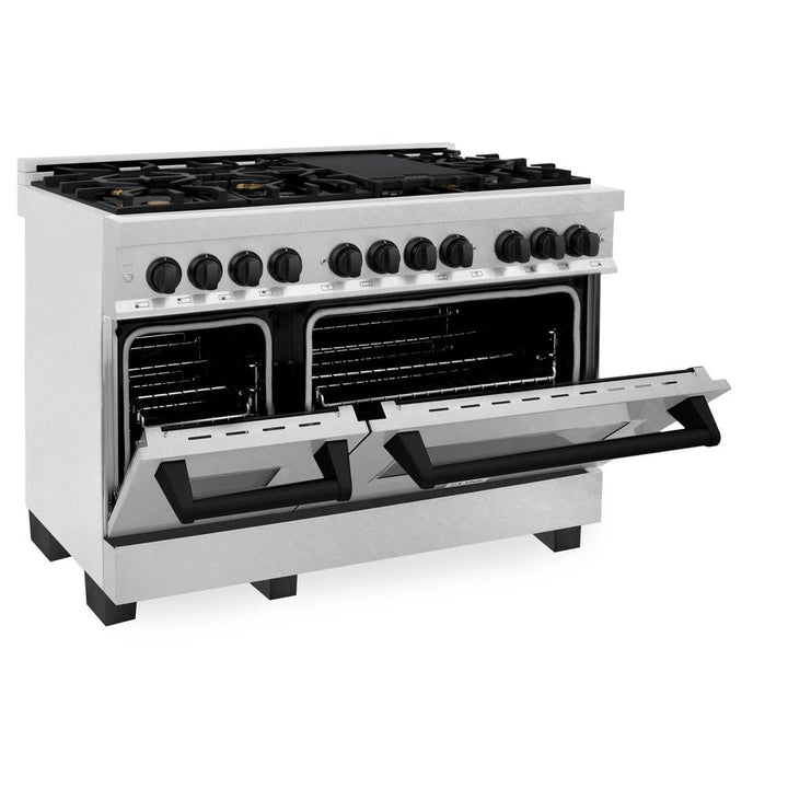 ZLINE Autograph Edition 48 in. 6.0 cu. ft. Legacy Dual Fuel Range with 7 Burner Gas Cooktop and 2 Electric Ovens in Satin Stainless Steel and Matte Black Accents (RASZ-SN-48-MB)