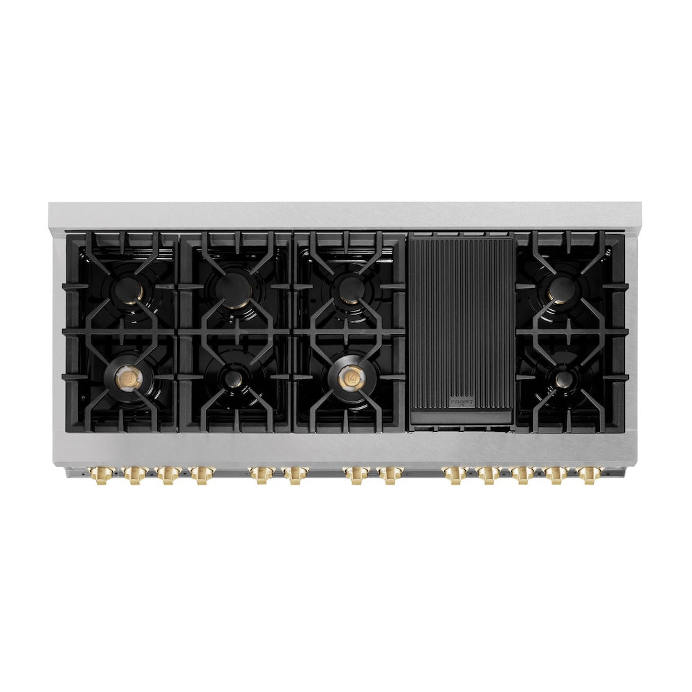 ZLINE Autograph Edition 60 in. 7.4 cu. ft. Legacy Dual Fuel Range with 9 Burner Gas Cooktop and 2 Electric Convection Ovens in Satin Stainless Steel and Polished Gold Accents (RASZ-SN-60-G)