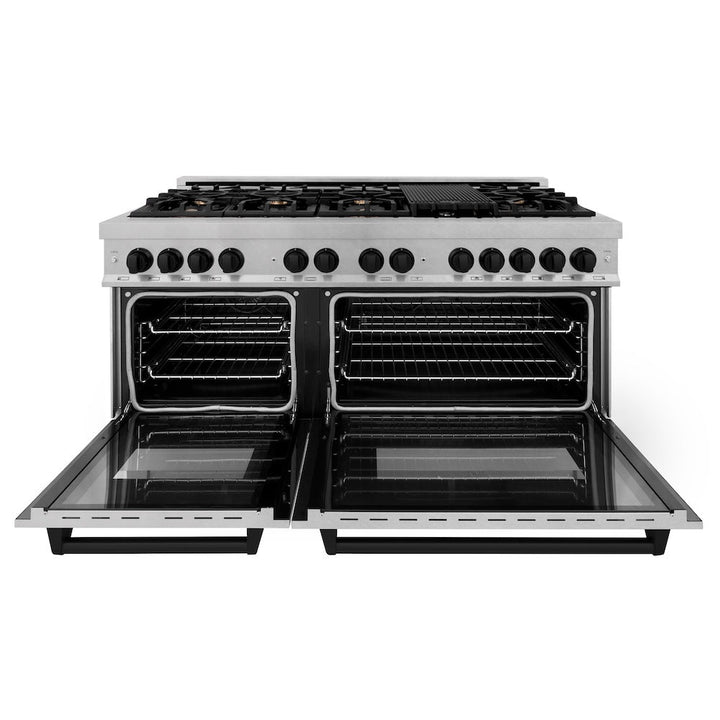 ZLINE Autograph Edition 60 in. 7.4 cu. ft. Legacy Dual Fuel Range with 9 Burner Gas Cooktop and 2 Electric Convection Ovens in Satin Stainless Steel and Matte Black Accents (RASZ-SN-60-MB)