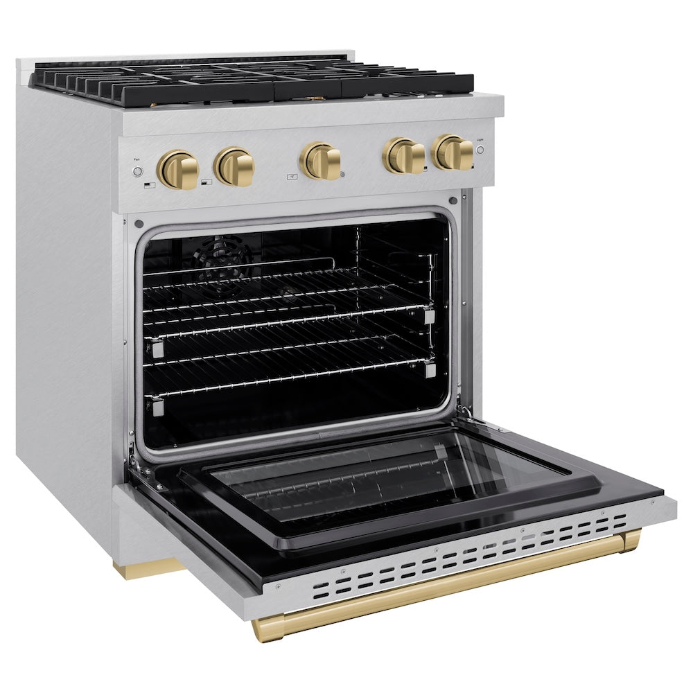 ZLINE Autograph Edition 30 in. 4.2 cu. ft. Paramount Dual Fuel Range with 4 Burner Gas Cooktop and Electric Convection Oven in Satin Stainless Steel with Champagne Bronze Accents (SDRSZ-30-CB)