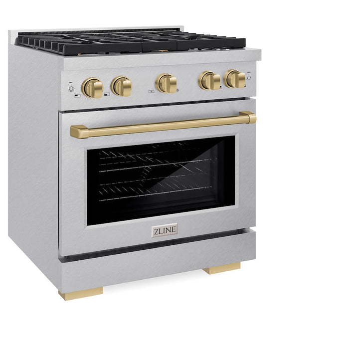 ZLINE Autograph Edition 30 in. 4.2 cu. ft. Paramount Dual Fuel Range with 4 Burner Gas Cooktop and Electric Convection Oven in Satin Stainless Steel with Champagne Bronze Accents (SDRSZ-30-CB)