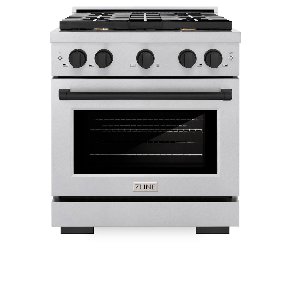 ZLINE Autograph Edition 30 in. 4.2 cu. ft. Paramount Dual Fuel Range with 4 Burner Gas Cooktop and Electric Convection Oven in Satin Stainless Steel with Matte Black Accents (SDRSZ-30-MB)