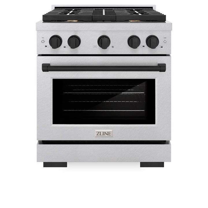 ZLINE Autograph Edition 30 in. 4.2 cu. ft. Paramount Dual Fuel Range with 4 Burner Gas Cooktop and Electric Convection Oven in Satin Stainless Steel with Matte Black Accents (SDRSZ-30-MB)