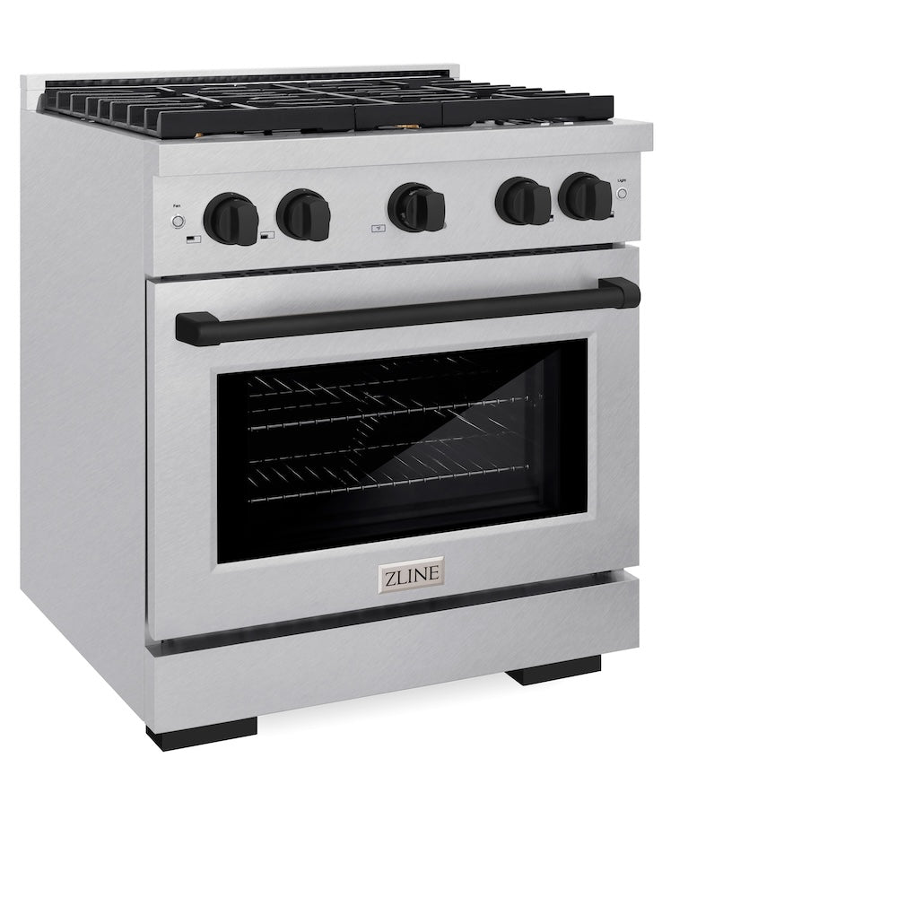 ZLINE Autograph Edition 30 in. 4.2 cu. ft. Paramount Dual Fuel Range with 4 Burner Gas Cooktop and Electric Convection Oven in Satin Stainless Steel with Matte Black Accents (SDRSZ-30-MB)
