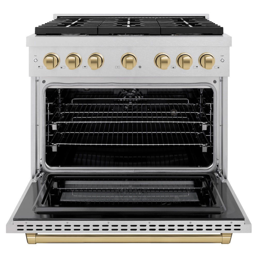 ZLINE Autograph Edition 36 in. 5.2 cu. ft. Paramount Dual Fuel Range with 6 Burner Gas Cooktop and Electric Convection Oven in Satin Stainless Steel with Champagne Bronze Accents (SDRSZ-36-CB)