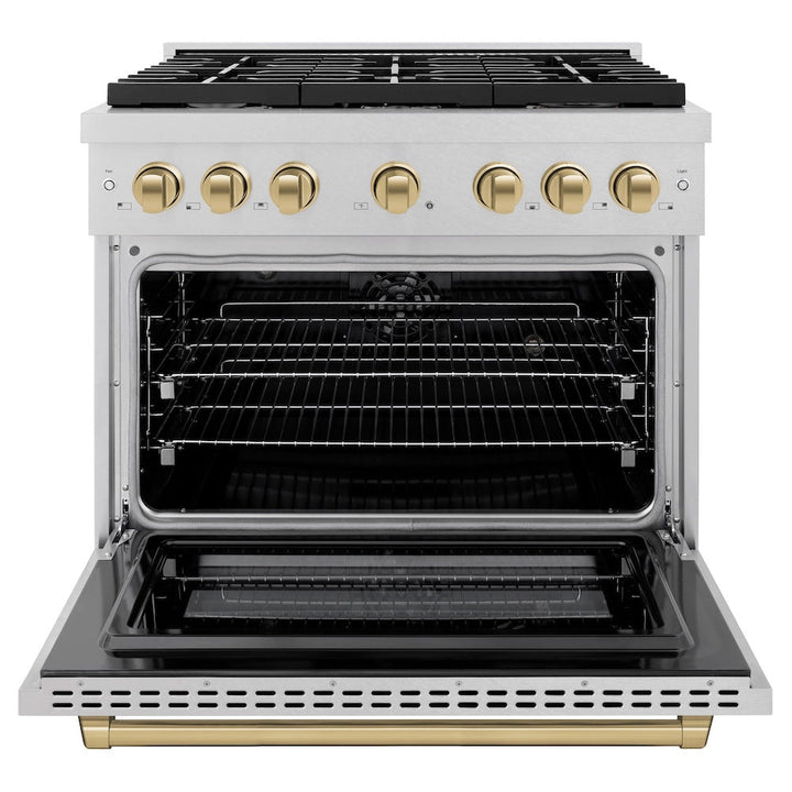 ZLINE Autograph Edition 36 in. 5.2 cu. ft. Paramount Dual Fuel Range with 6 Burner Gas Cooktop and Electric Convection Oven in Satin Stainless Steel with Champagne Bronze Accents (SDRSZ-36-CB)