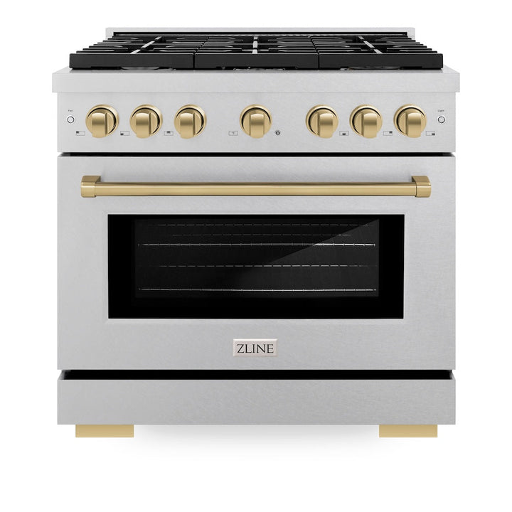 ZLINE Autograph Edition 36 in. 5.2 cu. ft. Paramount Dual Fuel Range with 6 Burner Gas Cooktop and Electric Convection Oven in Satin Stainless Steel with Champagne Bronze Accents (SDRSZ-36-CB)