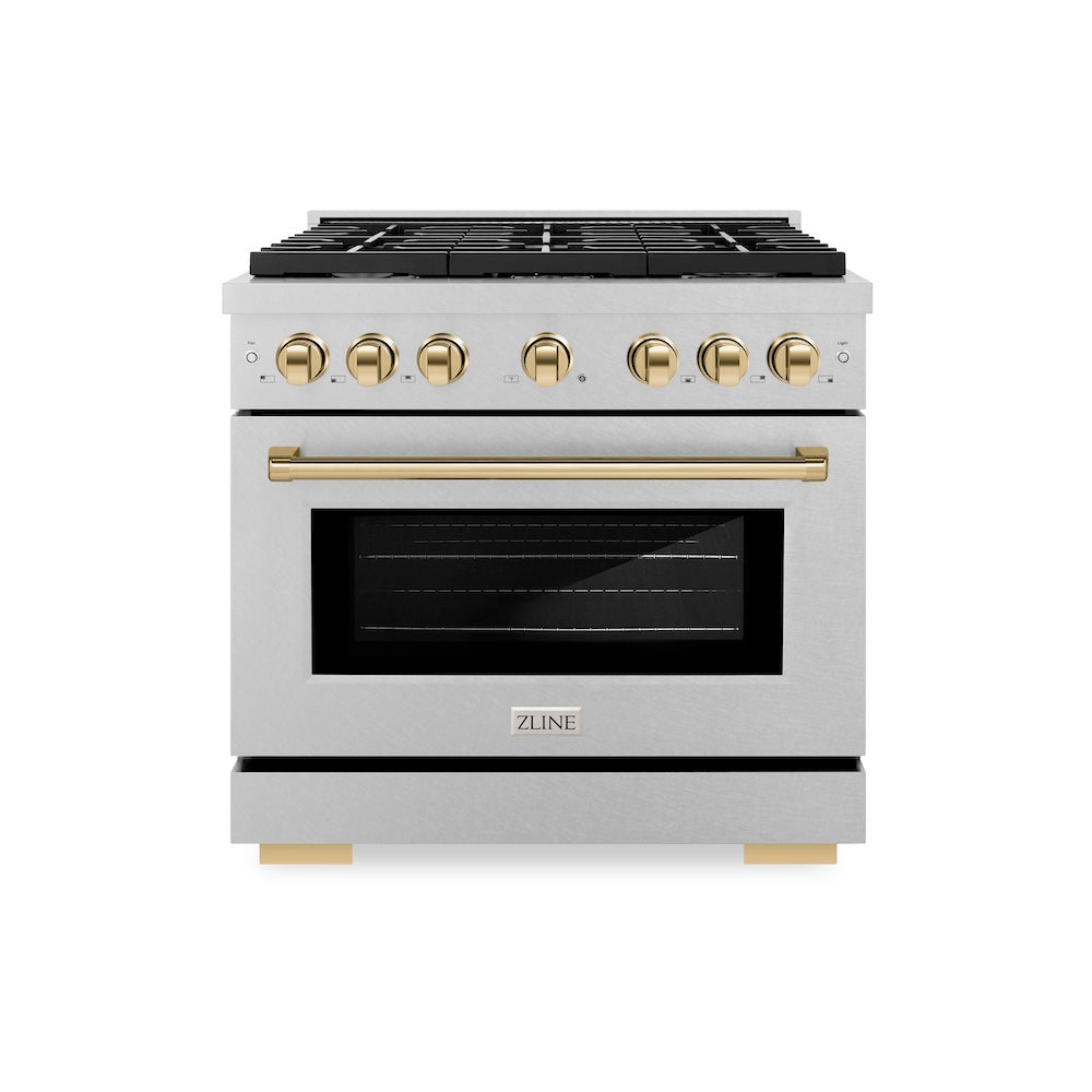 ZLINE Autograph Edition 36 in. 5.2 cu. ft. Paramount Dual Fuel Range with 6 Burner Gas Cooktop and Electric Convection Oven in Satin Stainless Steel with Polished Gold Accents (SDRSZ-36-G)