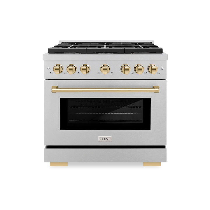 ZLINE Autograph Edition 36 in. 5.2 cu. ft. Paramount Dual Fuel Range with 6 Burner Gas Cooktop and Electric Convection Oven in Satin Stainless Steel with Polished Gold Accents (SDRSZ-36-G)