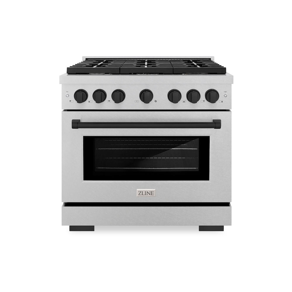 ZLINE Autograph Edition 36 in. 5.2 cu. ft. Paramount Dual Fuel Range with 6 Burner Gas Cooktop and Electric Convection Oven in Satin Stainless Steel with Matte Black Accents (SDRSZ-36-MB)