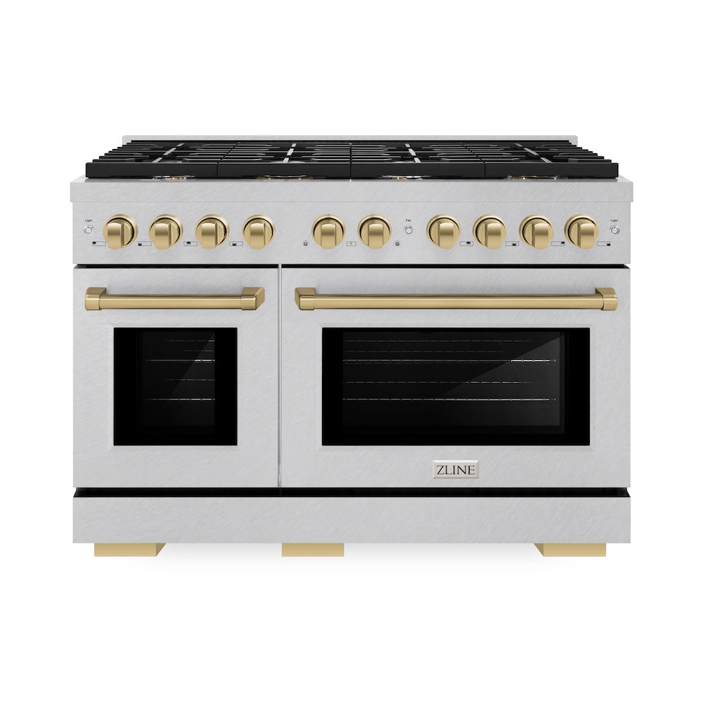 ZLINE Autograph Edition 48 in. 6.7 cu. ft. Paramount Double Oven Dual Fuel Range with 8 Burner Gas Cooktop in Satin Stainless Steel and Champagne Bronze Accents (SDRSZ-48-CB)