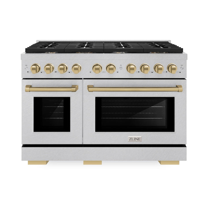 ZLINE Autograph Edition 48 in. 6.7 cu. ft. Paramount Double Oven Dual Fuel Range with 8 Burner Gas Cooktop in Satin Stainless Steel and Champagne Bronze Accents (SDRSZ-48-CB)