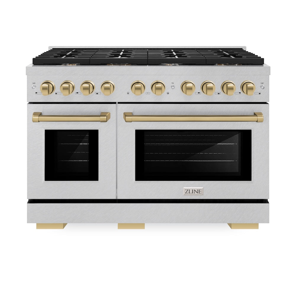 ZLINE Autograph Edition 48 in. 6.7 cu. ft. Paramount Double Oven Dual Fuel Range with 8 Burner Gas Cooktop in Satin Stainless Steel and Champagne Bronze Accents (SDRSZ-48-CB)
