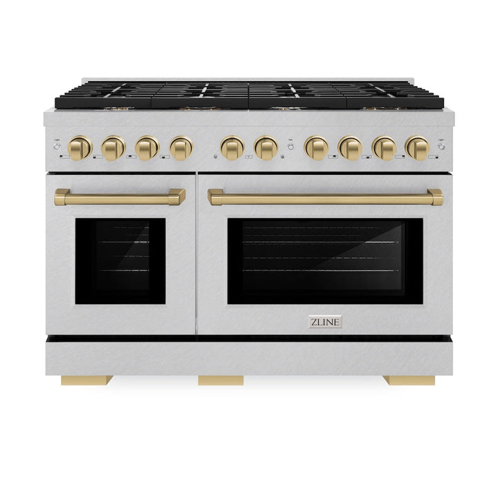 ZLINE Autograph Edition 48 in. 6.7 cu. ft. Paramount Double Oven Dual Fuel Range with 8 Burner Gas Cooktop in Satin Stainless Steel and Champagne Bronze Accents (SDRSZ-48-CB)