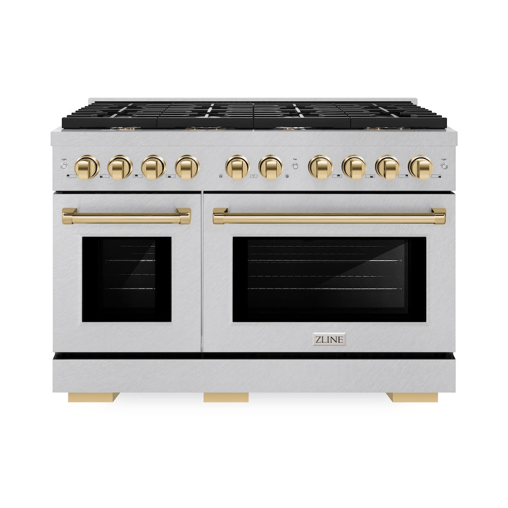 ZLINE Autograph Edition 48 in. 6.7 cu. ft. Paramount Double Oven Dual Fuel Range with 8 Burner Gas Cooktop in Satin Stainless Steel and Polished Gold Accents (SDRSZ-48-G)