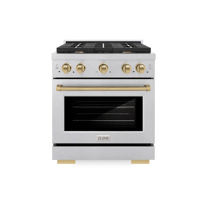 ZLINE Autograph Edition 30 in. 4.2 cu. ft. Paramount Gas Range with 4 Burner Cooktop and Convection Gas Oven in Satin Stainless Steel and Champagne Bronze Accents (SGRSZ-30-CB)