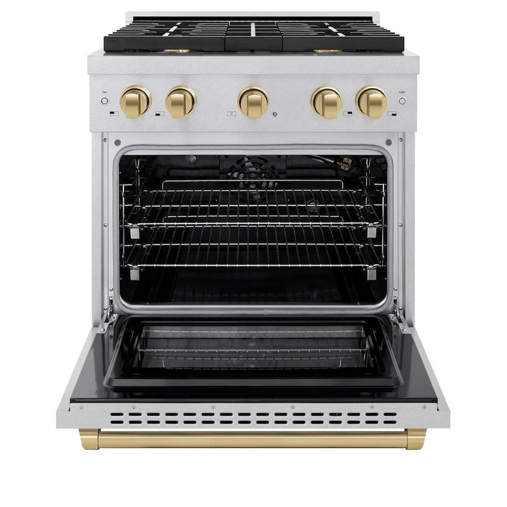 ZLINE Autograph Edition 30 in. 4.2 cu. ft. Paramount Gas Range with 4 Burner Cooktop and Convection Gas Oven in Satin Stainless Steel and Champagne Bronze Accents (SGRSZ-30-CB)