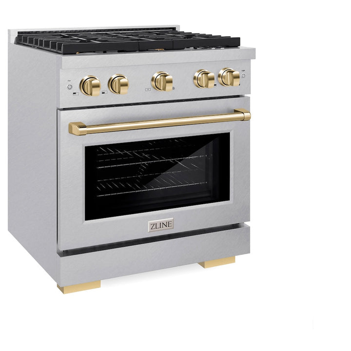 ZLINE Autograph Edition 30 in. 4.2 cu. ft. Paramount Gas Range with 4 Burner Cooktop and Convection Gas Oven in Satin Stainless Steel and Polished Gold Accents (SGRSZ-30-G)