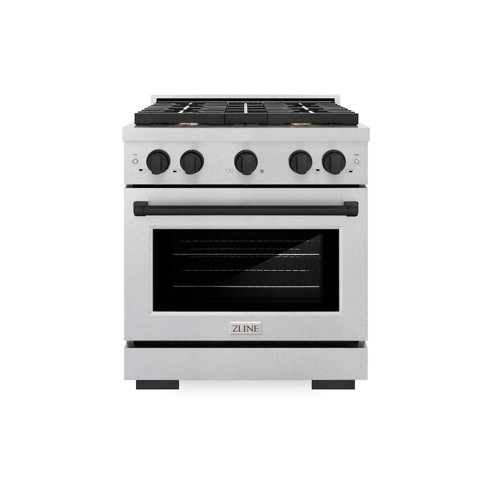 ZLINE Autograph Edition 30 in. 4.2 cu. ft. Paramount Gas Range with 4 Burner Cooktop and Convection Gas Oven in Satin Stainless Steel and Matte Black Accents (SGRSZ-30-MB)