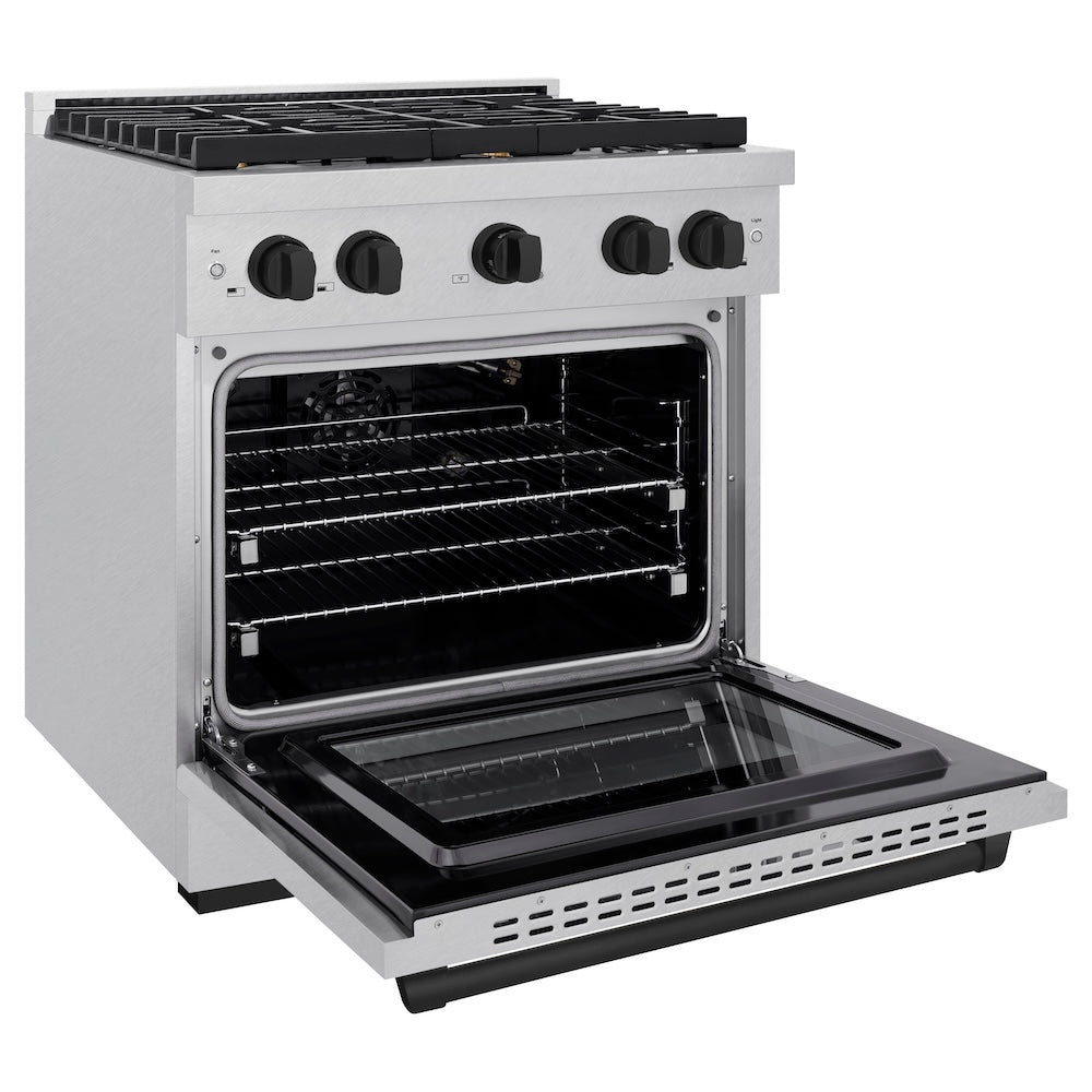 ZLINE Autograph Edition 30 in. 4.2 cu. ft. Paramount Gas Range with 4 Burner Cooktop and Convection Gas Oven in Satin Stainless Steel and Matte Black Accents (SGRSZ-30-MB)