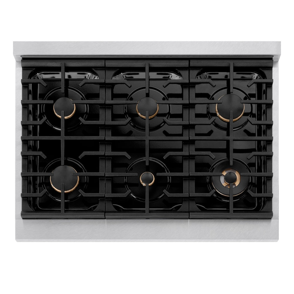 ZLINE Autograph Edition 36 in. 5.2 cu. ft. Paramount Gas Range with 6 Burner Cooktop and Convection Gas Oven in Satin Stainless Steel and Polished Gold Accents (SGRSZ-36-G)
