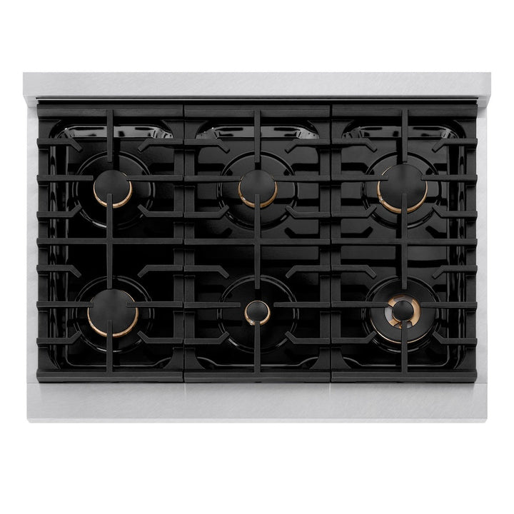 ZLINE Autograph Edition 36 in. 5.2 cu. ft. Paramount Gas Range with 6 Burner Cooktop and Convection Gas Oven in Satin Stainless Steel and Polished Gold Accents (SGRSZ-36-G)