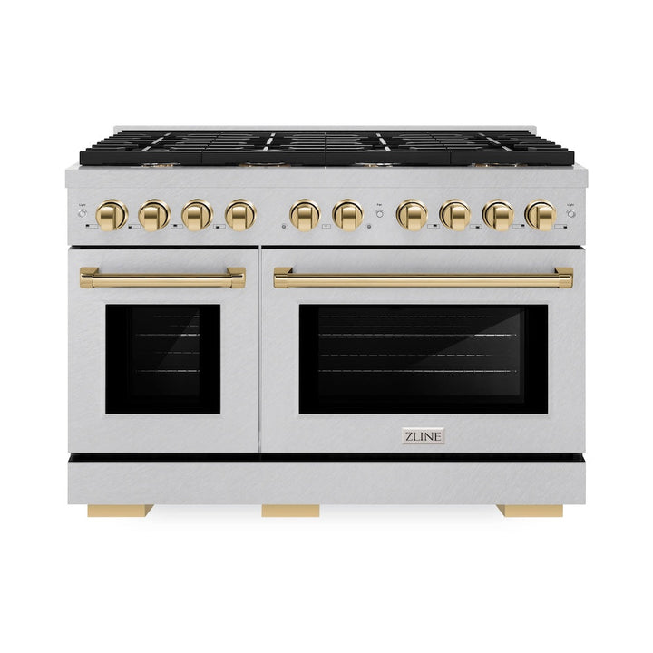 ZLINE Autograph Edition 48 in. 6.7 cu. ft. Paramount Double Oven Gas Range with 8 Burner Cooktop in Satin Stainless Steel and Polished Gold Accents (SGRSZ-48-G)