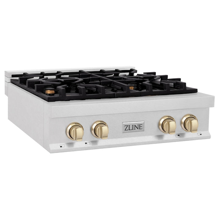 ZLINE Autograph Edition 30 in. Legacy Gas Rangetop with 4 Burners and Porcelain Cooktop in Satin Stainless Steel with Polished Gold Accents (RTSZ-30-G)