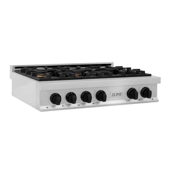 ZLINE Autograph Edition 36 in. Legacy Gas Rangetop with 6 Burners and Porcelain Cooktop in Satin Stainless Steel with Matte Black Accents (RTSZ-36-MB)