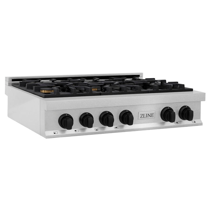 ZLINE Autograph Edition 36 in. Legacy Gas Rangetop with 6 Burners and Porcelain Cooktop in Satin Stainless Steel with Matte Black Accents (RTSZ-36-MB)