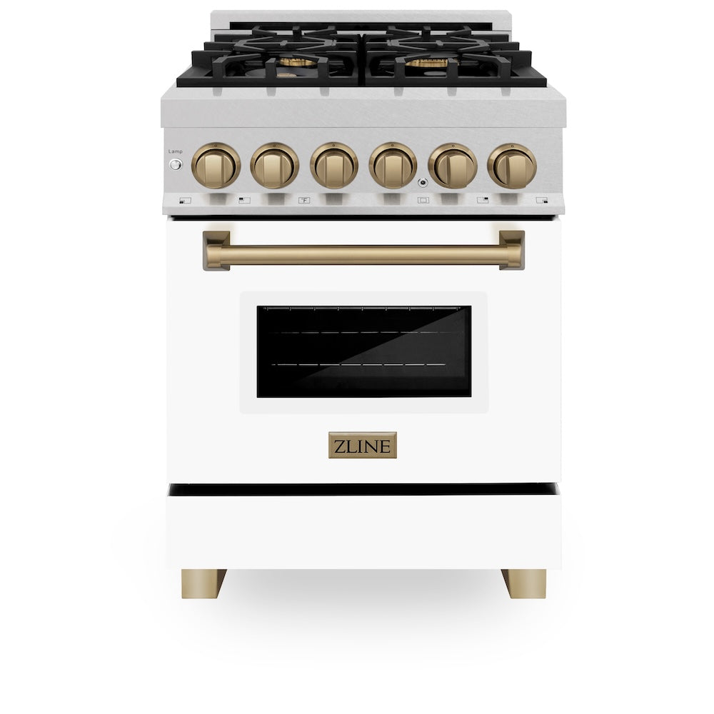 ZLINE Autograph Edition 24 in. 2.8 cu. ft. Legacy Dual Fuel Range with 4 Burner Gas Cooktop and Electric Convection Oven in Satin Stainless Steel with White Matte Door and Champagne Bronze Accents, Open Box-Excellent Condition