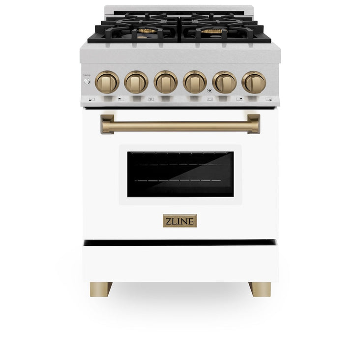 ZLINE Autograph Edition 24 in. 2.8 cu. ft. Legacy Dual Fuel Range with 4 Burner Gas Cooktop and Electric Convection Oven in Satin Stainless Steel with White Matte Door and Champagne Bronze Accents, Open Box-Excellent Condition