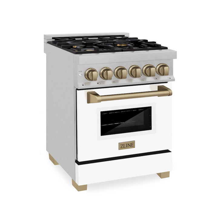 ZLINE Autograph Edition 24 in. 2.8 cu. ft. Legacy Dual Fuel Range with 4 Burner Gas Cooktop and Electric Convection Oven in Satin Stainless Steel with White Matte Door and Champagne Bronze Accents, Open Box-Excellent Condition