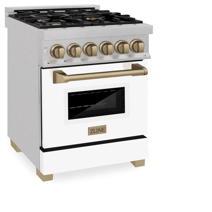 ZLINE Autograph Edition 24 in. 2.8 cu. ft. Legacy Dual Fuel Range with 4 Burner Gas Cooktop and Electric Convection Oven in Satin Stainless Steel with White Matte Door and Champagne Bronze Accents, Open Box-Excellent Condition