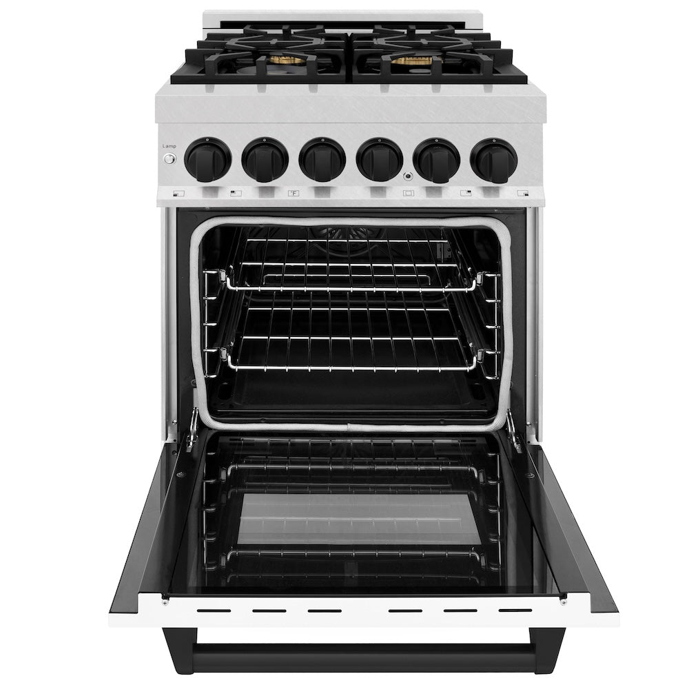 ZLINE Autograph Edition 24 in. 2.8 cu. ft. Legacy Dual Fuel Range with 4 Burner Gas Cooktop and Electric Convection Oven in Satin Stainless Steel with White Matte Door and Matte Black Accents, Open Box-Excellent Condition