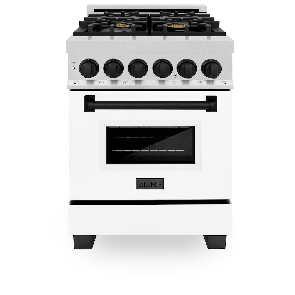 ZLINE Autograph Edition 24 in. 2.8 cu. ft. Legacy Dual Fuel Range with 4 Burner Gas Cooktop and Electric Convection Oven in Satin Stainless Steel with White Matte Door and Matte Black Accents, Open Box-Excellent Condition